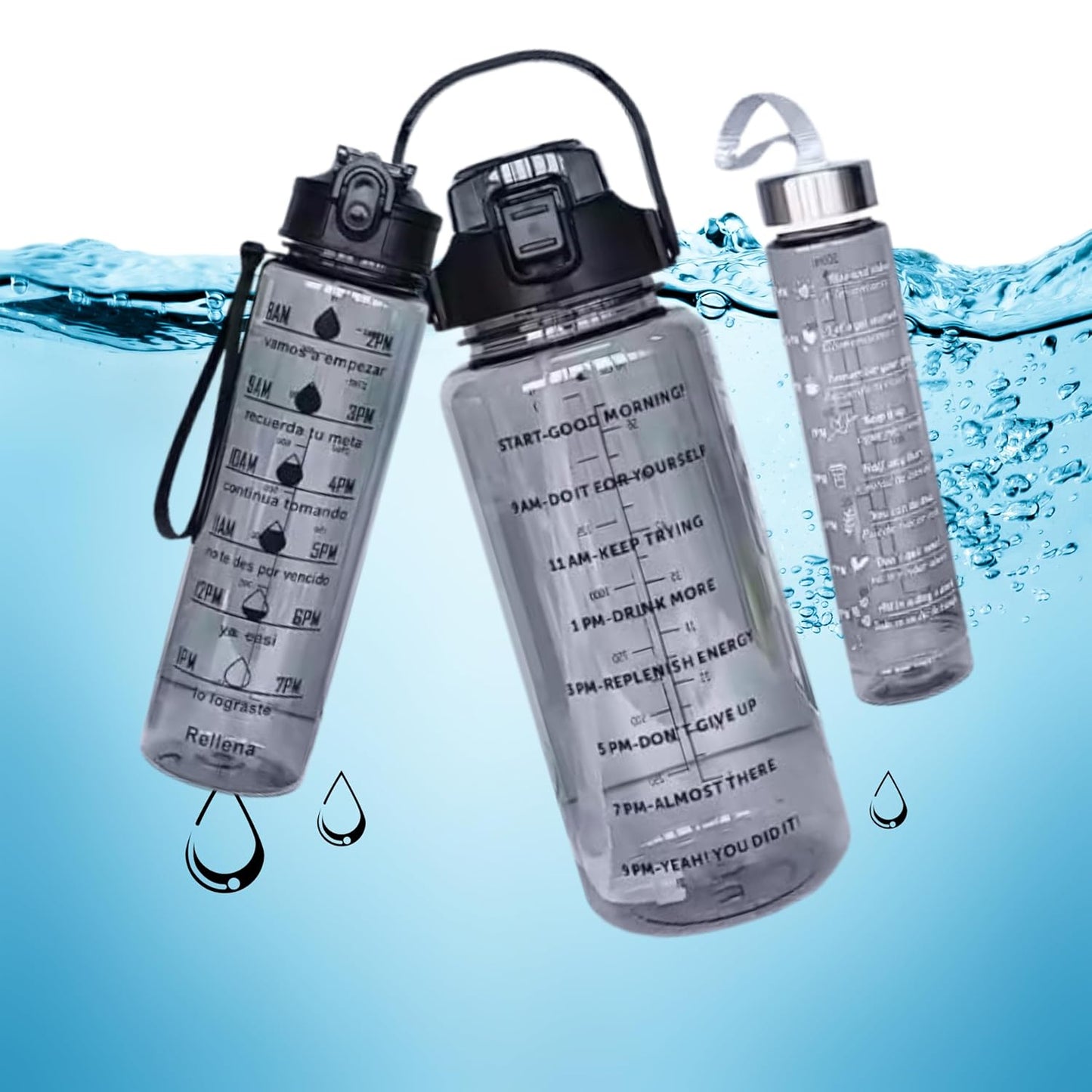 Set of 3 Transparent Water Bottles – 2000ml, 900ml & 300ml | Blue Motivational Time Marker Bottles | Leak-Proof, Break-Proof & BPA-Free