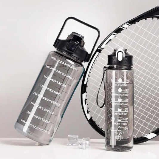 Set of 3 Transparent Water Bottles – 2000ml, 900ml & 300ml | Black Motivational Time Marker Bottles | Leak-Proof, Break-Proof & BPA-Free