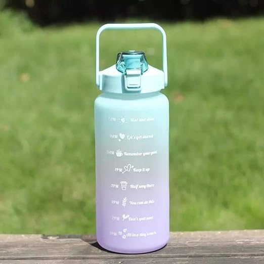 Motivational Water Bottle with Time Markers, 2L Capacity, Straw Lid, Gradient Multi