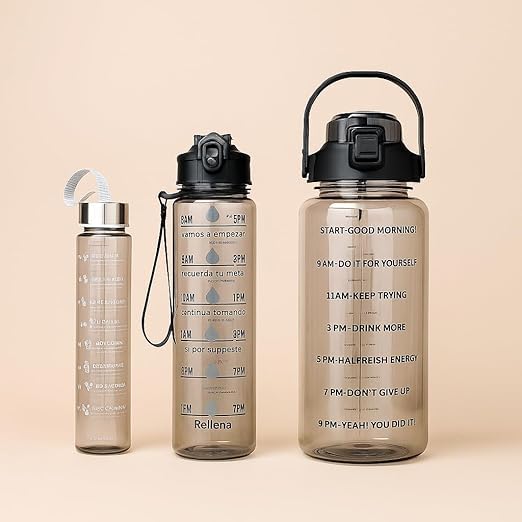 Set of 3 Transparent Water Bottles – 2000ml, 900ml & 300ml | Black Motivational Time Marker Bottles | Leak-Proof, Break-Proof & BPA-Free