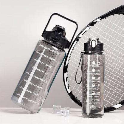 Set of 3 Transparent Water Bottles – 2000ml, 900ml & 300ml | Black Motivational Time Marker Bottles | Leak-Proof, Break-Proof & BPA-Free