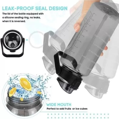 Set of 3 Transparent Water Bottles – 2000ml, 900ml & 300ml | Black Motivational Time Marker Bottles | Leak-Proof, Break-Proof & BPA-Free