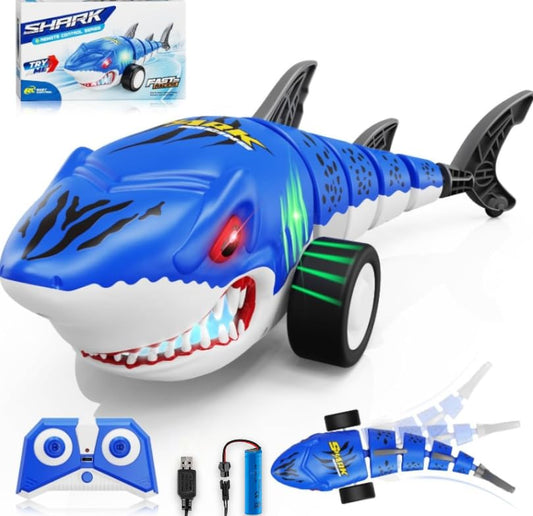 Rechargeable RC Shark Car Toy for Kids – 360° Rotation, Swinging Tail, LED Lights | Remote Control Robot Shark Vehicle