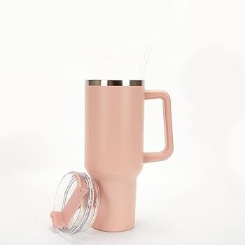 1200ml Stainless Steel Tumbler with Handle & Steel Straw | Double-Wall Vacuum Insulated Travel Mug | Spill-Proof Lid | Large Beer & Cold Drink Cup | Peach