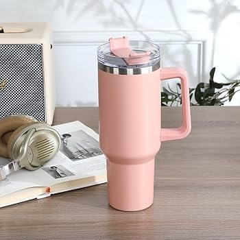 1200ml Stainless Steel Tumbler with Handle & Steel Straw | Double-Wall Vacuum Insulated Travel Mug | Spill-Proof Lid | Large Beer & Cold Drink Cup | Peach