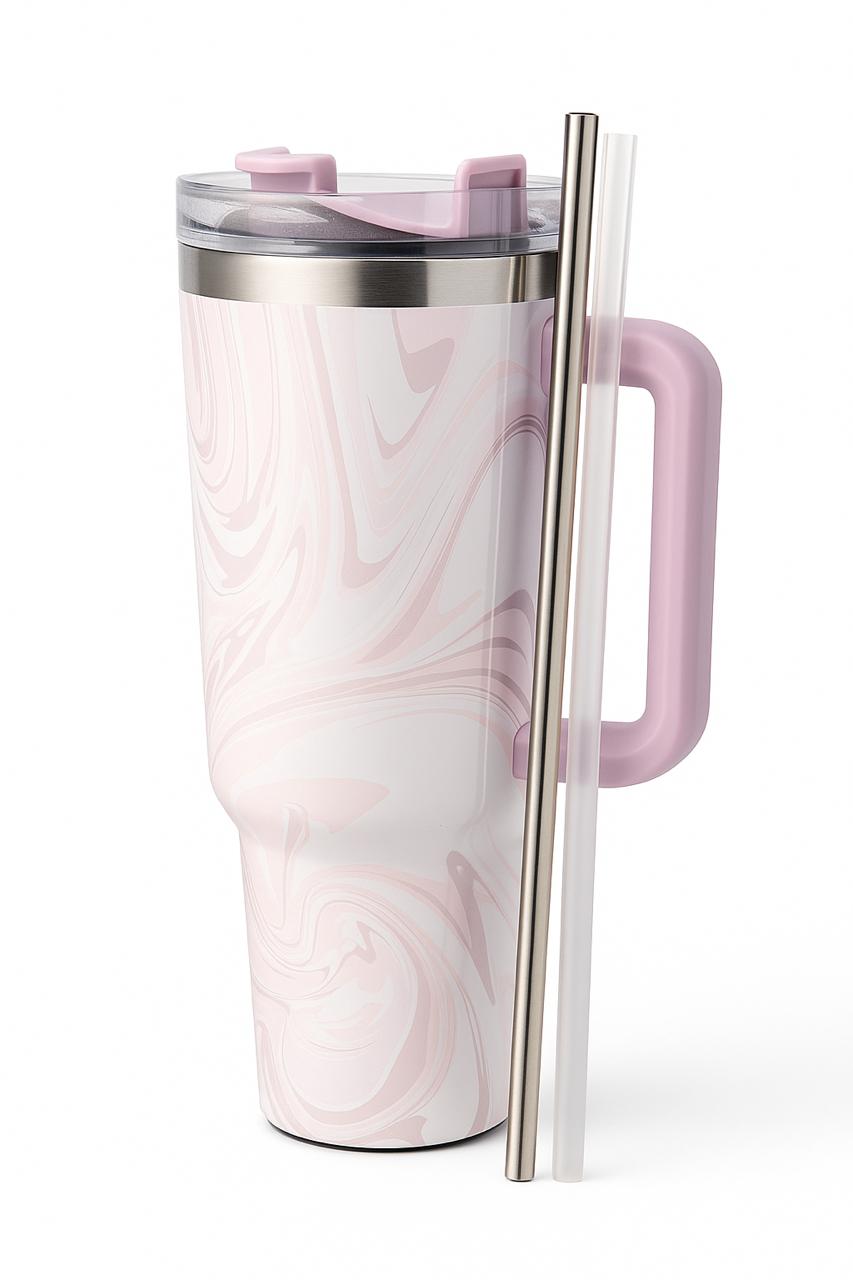 40oz Stainless Steel Insulated Tumbler with Handle & Straw – Vacuum Quencher Travel Mug with Leak-Resistant Lid for Hot & Cold Beverages (Pink)