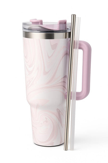 40oz Stainless Steel Insulated Tumbler with Handle & Straw – Vacuum Quencher Travel Mug with Leak-Resistant Lid for Hot & Cold Beverages (Pink)