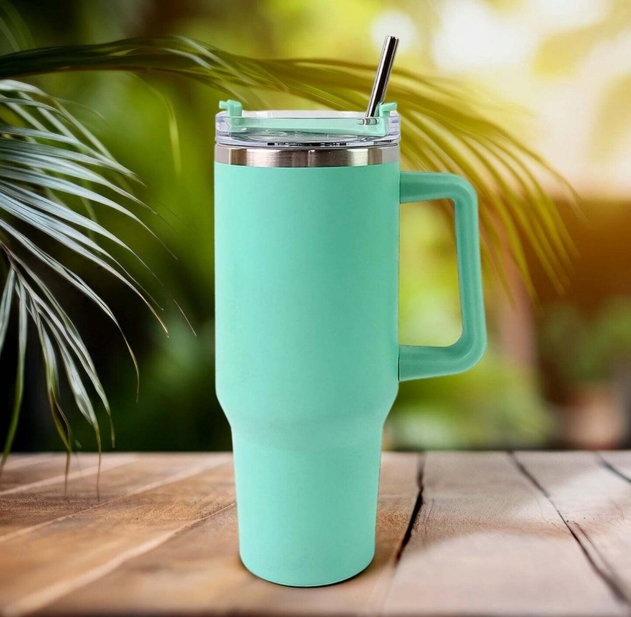 1200ml Stainless Steel Tumbler with Handle & Steel Straw | Double-Wall Vacuum Insulated Travel Mug | Spill-Proof Lid | Large Beer & Cold Drink Cup | Blue