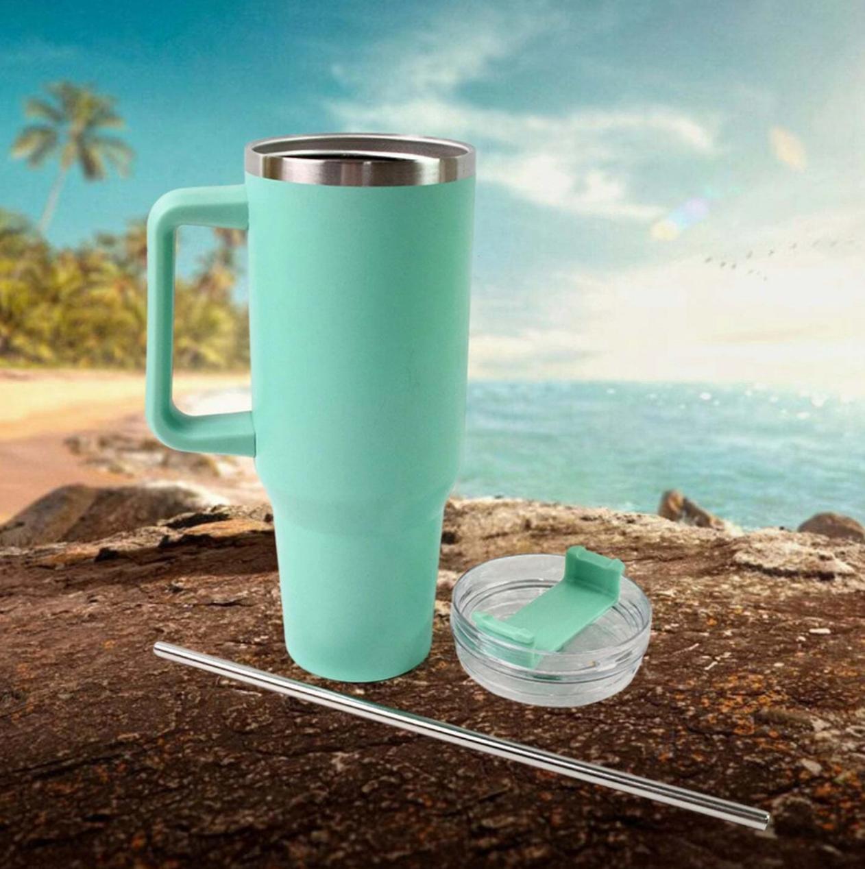 1200ml Stainless Steel Tumbler with Handle & Steel Straw | Double-Wall Vacuum Insulated Travel Mug | Spill-Proof Lid | Large Beer & Cold Drink Cup | Blue
