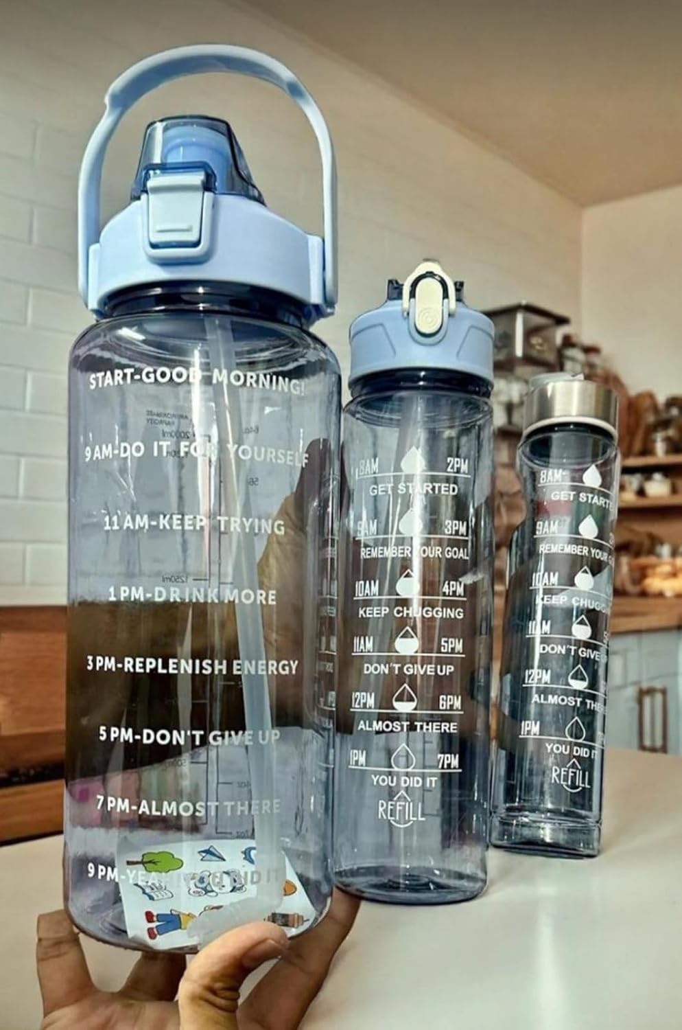 Set of 3 Transparent Water Bottles – 2000ml, 900ml & 300ml | Blue Motivational Time Marker Bottles | Leak-Proof, Break-Proof & BPA-Free