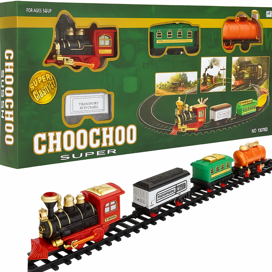 Choo Choo Classic Train Set with Real Smoke, Light & Sound – Battery Powered 240cm Oval Track & 4-Piece Carriages – Pre-Assembled, Durable & Portable Vintage Toy for Kids