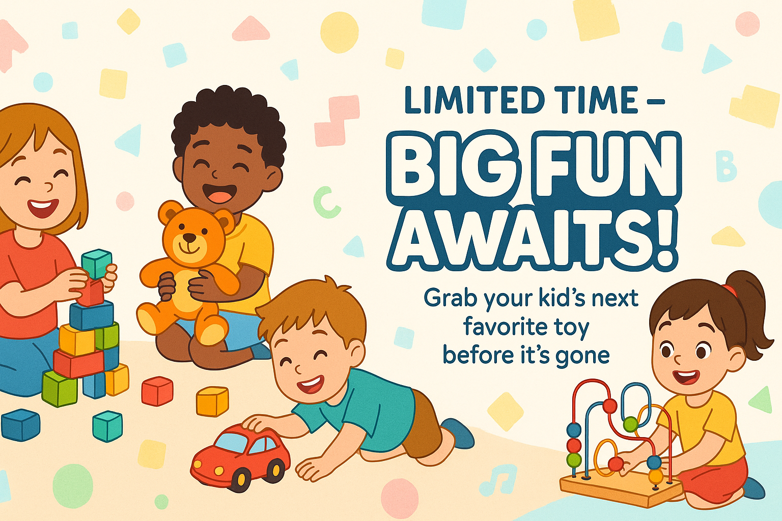 create a banner of my toy store in the size of 4320 x 2160 pixels, there should be some text in a proper attractive manner It should have written in headline "Limited Time - Big Fun Awaits!" and under it write in description "Grab your kid's next favorite toy before it's gone" make sure it should have kids images please. text should be in the right middle of the image and make sure it should have proper distance from the edges and margin should be enough
