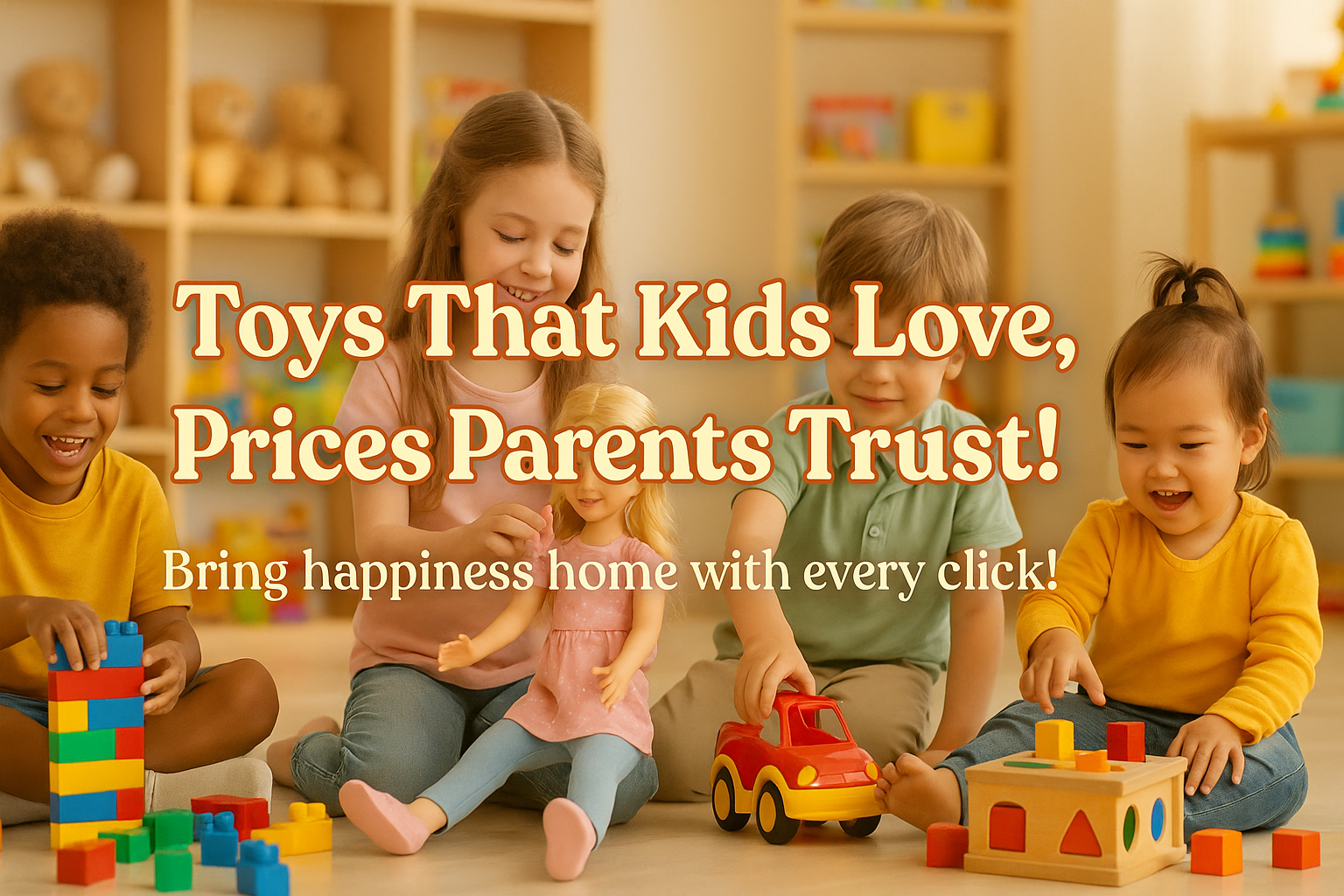 create a banner of my toy store in the size of 4320 x 2160 pixels, there should be some text in a proper attractive manner It should have written in headline "Toys That Kids Love, Prices Parents Trust!" and under it write in description " Bring happiness home with every click!" make sure it should have orignal kids images no cartoon please. text should be in the centre and middle of the image and make sure it should have proper distance from the edges and margin should be enough