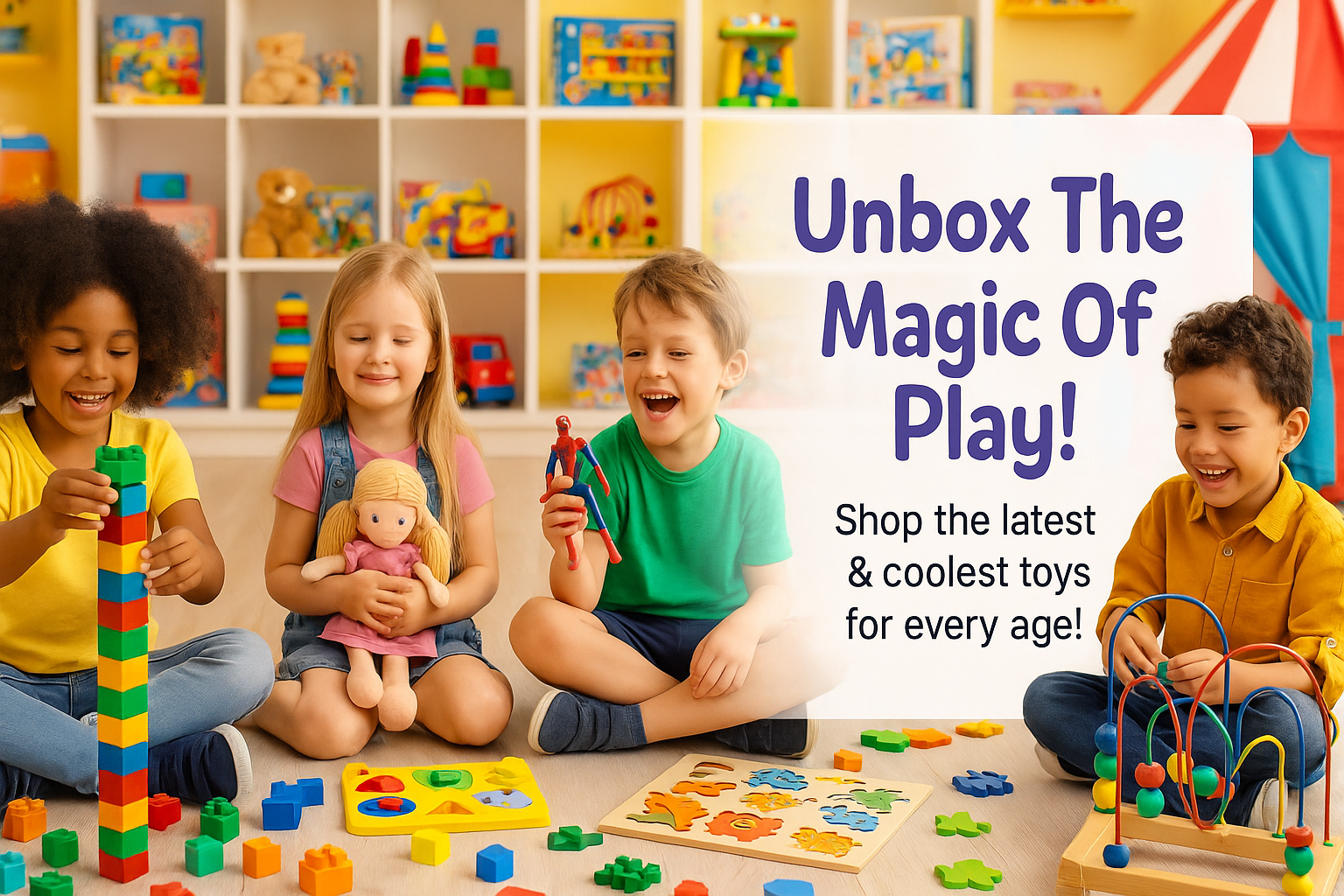 create a banner of my toy store in the size of 4320 x 2160 pixels, there should be some text in a proper attractive manner It should have written in headline "Unbox The Magic Of Play!" and under it write in description "Shop the latest & coolest toys for every age!" make sure it should have orignal kids images no cartoon please. text should be in the right middle of the image and make sure it should have proper distance from the edges and margin should be enough
