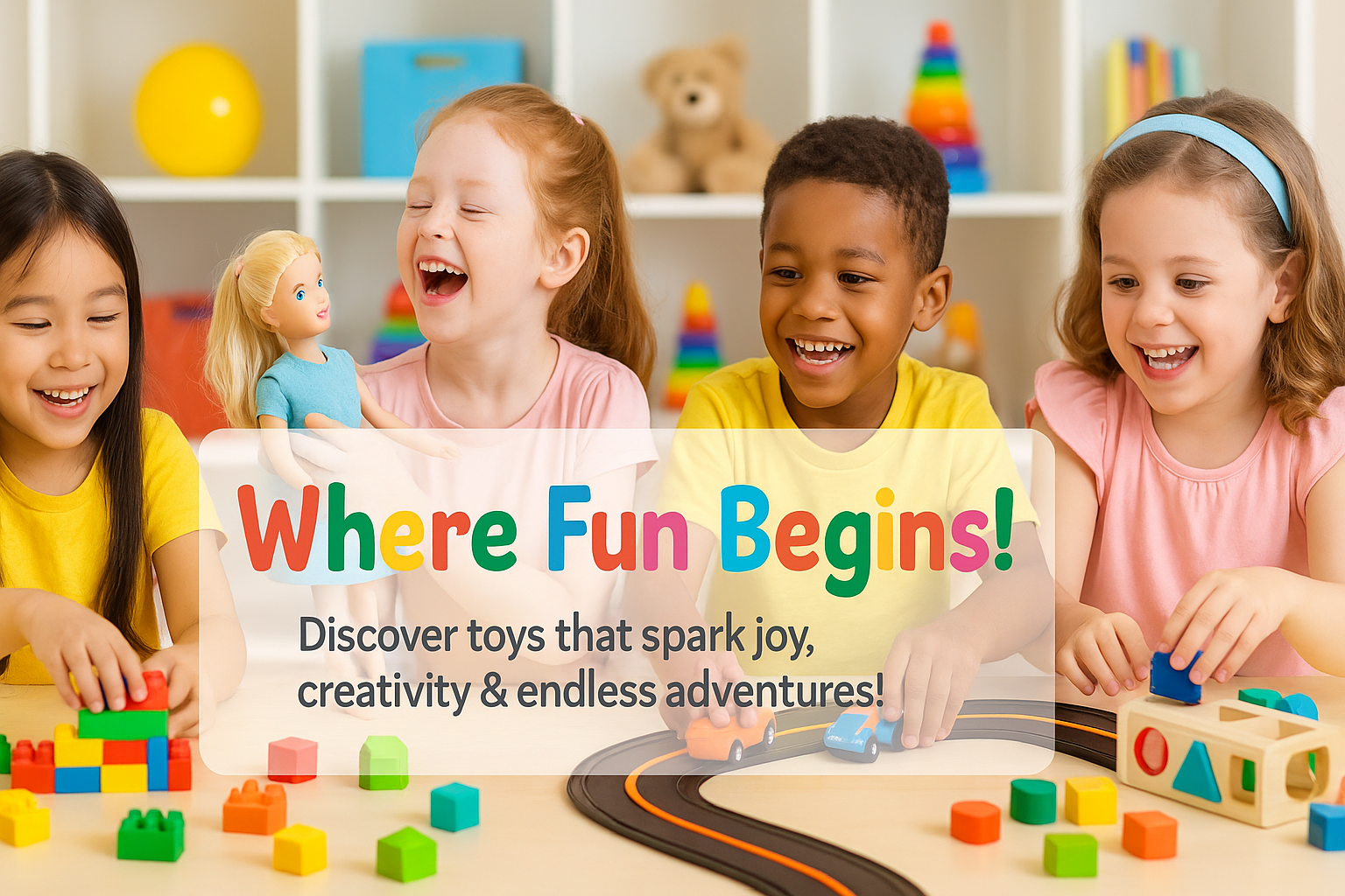 create a banner of my toy store in the size of 4320 x 2160 pixels, there should be some text in a proper attractive manner It should have written in headline "Where Fun Begins!" and under it write in description " Discover toys that spark joy, creativity & endless adventures!" make sure it should have orignal kids images no cartoon please and text should be in the middle of the image. there should be enough margin for the text section it should not touches the edges from any direction