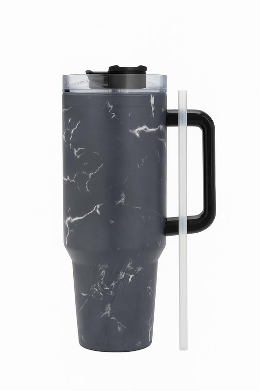 Insulated Stainless Steel Tumbler with Handle & Steel Straw | Grey Marble Pattern Travel Mug with Lid