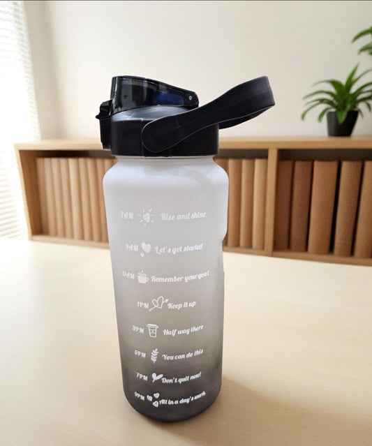 Motivational Water Bottle with Time Markers, 2L Capacity, Straw Lid, Black Gradient (GREY)