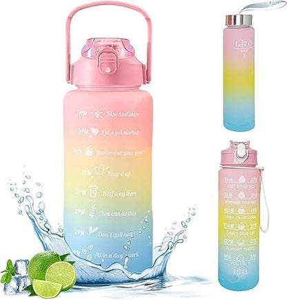 Motivational Water Bottle Set – 2L, 900ml & 300ml | Rainbow Gradient Multi-Colour Bottles with Time Marker
