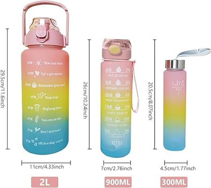 Motivational Water Bottle Set – 2L, 900ml & 300ml | Rainbow Gradient Multi-Colour Bottles with Time Marker