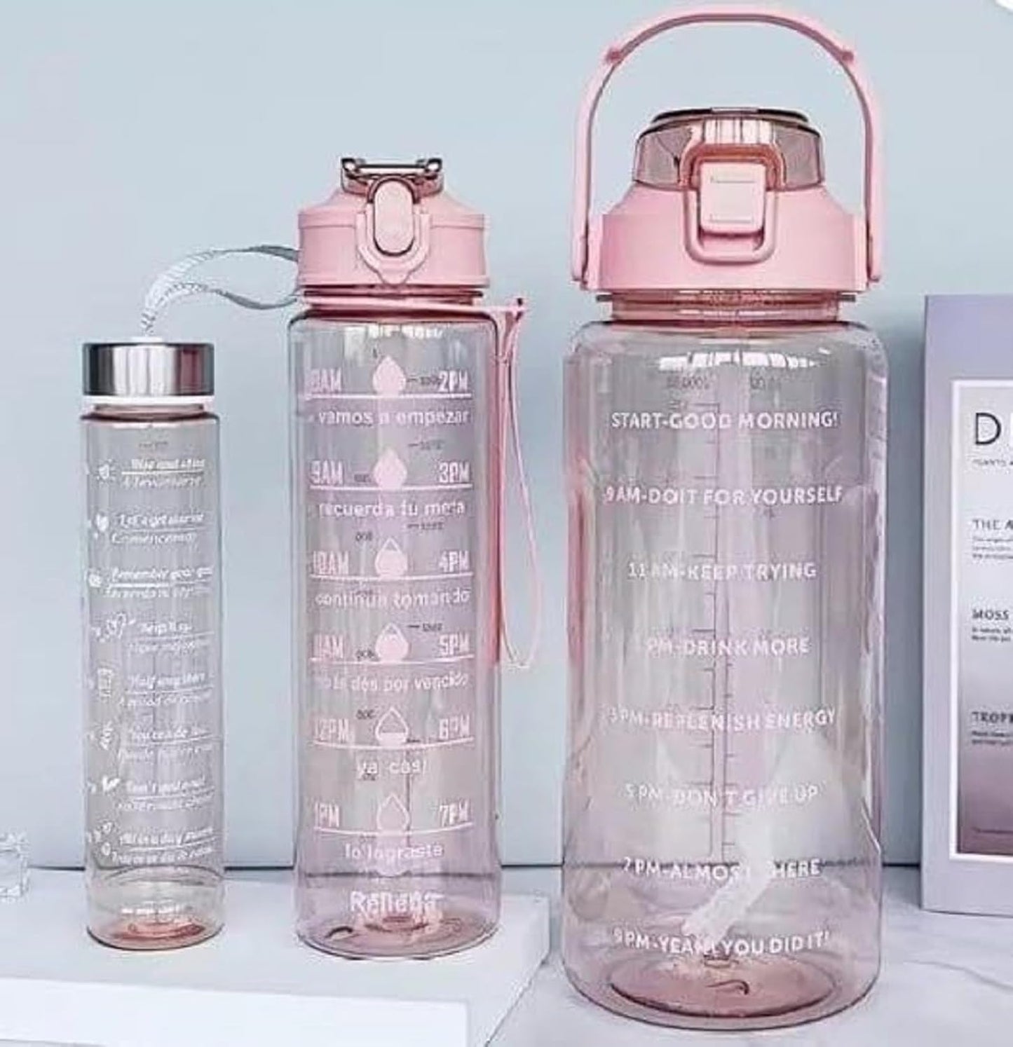 Set of 3 Transparent Water Bottles – 2000ml, 900ml & 300ml | Pink Motivational Time Marker Bottles | Leak-Proof, Break-Proof & BPA-Free