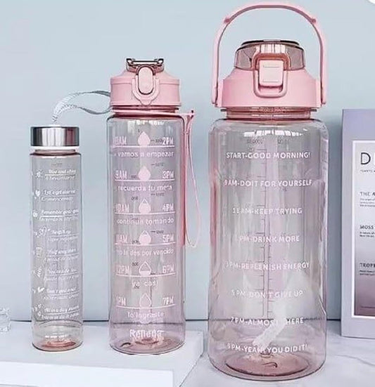 Set of 3 Transparent Water Bottles – 2000ml, 900ml & 300ml | Pink Motivational Time Marker Bottles | Leak-Proof, Break-Proof & BPA-Free
